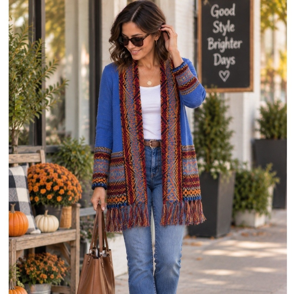 Ruby Rd Petite Blue Southwestern Fringe Open Front Cardigan Sweater PM 68360